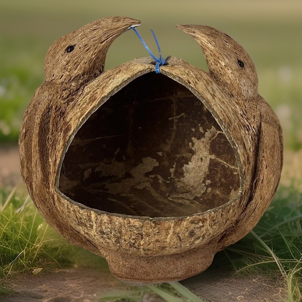 Coconut Shell Tiki Bird House Feeder Hand Carved Hawaiian Decor Birds OOAK Rare